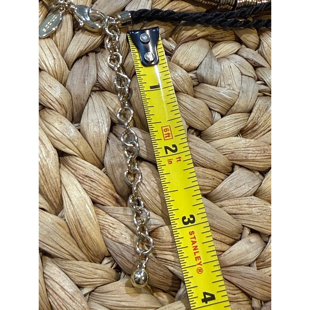 Chicos Gold Tone Disc Knotted Cord Statement Necklace Black Braided Adjustable - Picture 6 of 6
